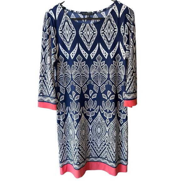 Tiana B Sheath Dress Sz 8 Midi Blue Coral 3/4 Sleeve Dotty Aztec Geometric Vacay - Picture 1 of 8